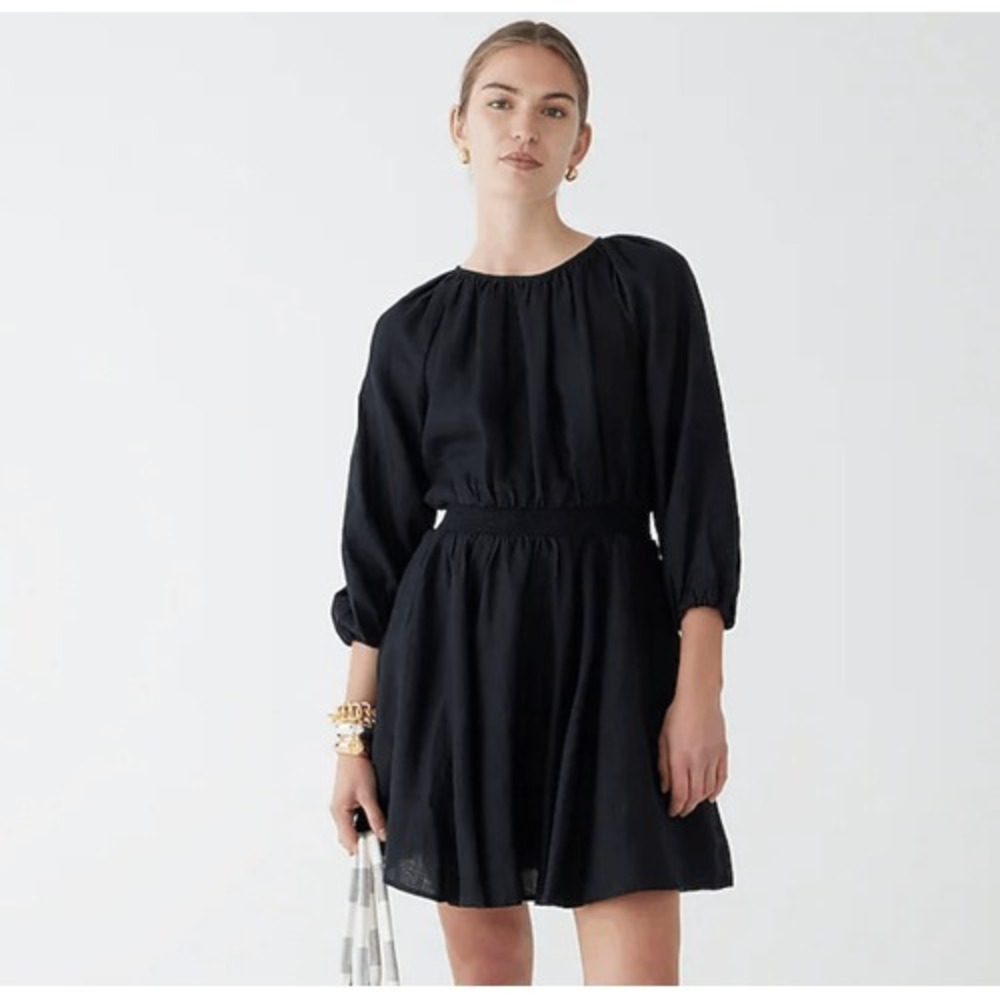 J.Crew Smocked Waist Mini Dress Womens XXS Black Linen Blend Minimalist‎ Preppy